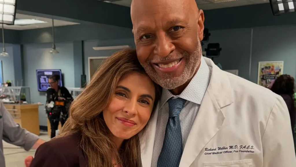 Jamie-Lynn Sigler and James Pickens Jr. on the Grey's Anatomy set