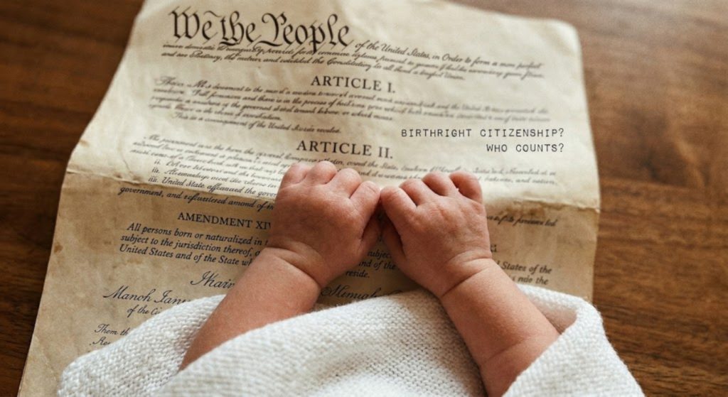 Baby hands resting on the Fourteenth Amendment of the U.S. Constitution.
