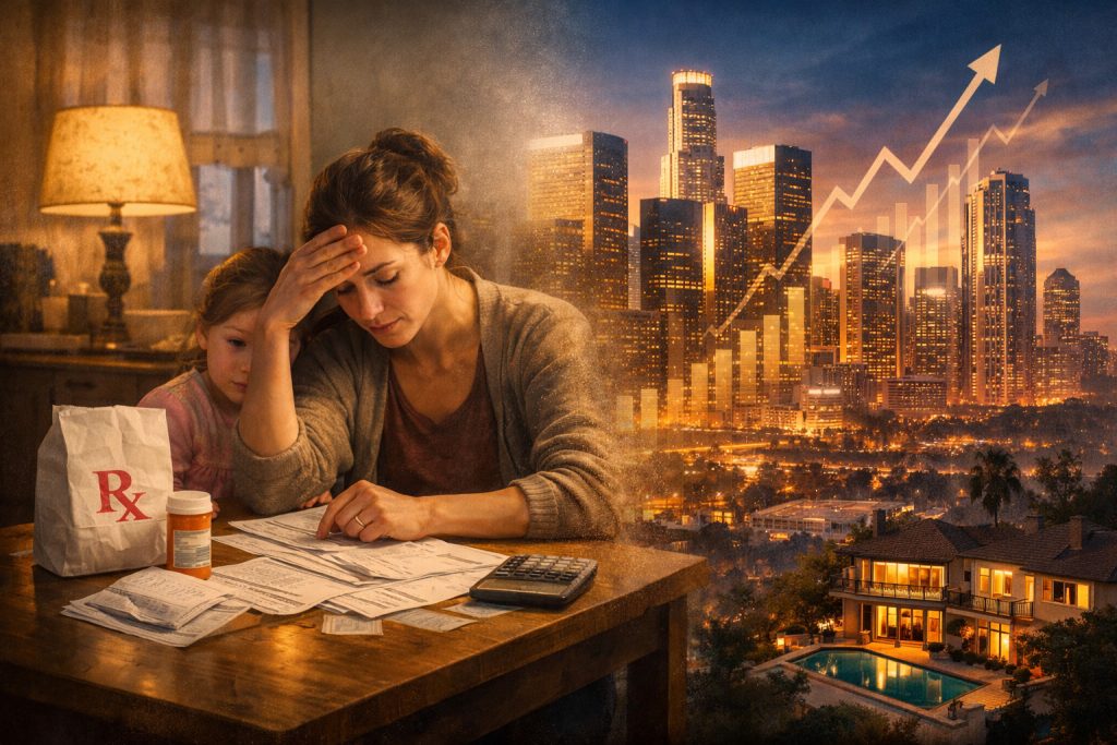 Split image showing a struggling mother reviewing medical bills and prescriptions beside a wealthy California skyline, illustrating economic inequality and healthcare access