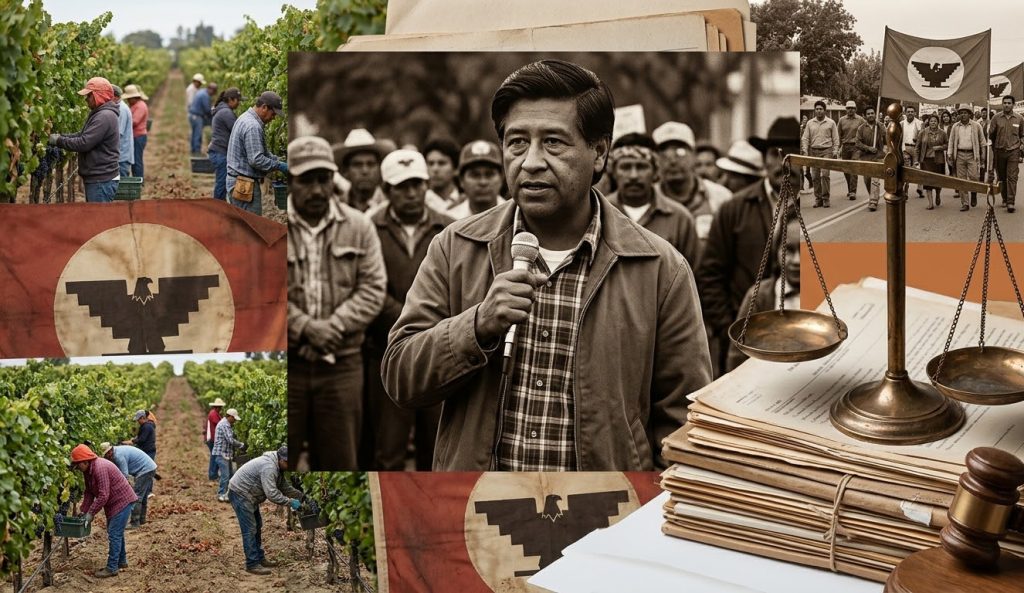 Cesar Chavez speaking to a crowd of farmworkers with images of labor marches, vineyard workers, and scales of justice representing accountability.