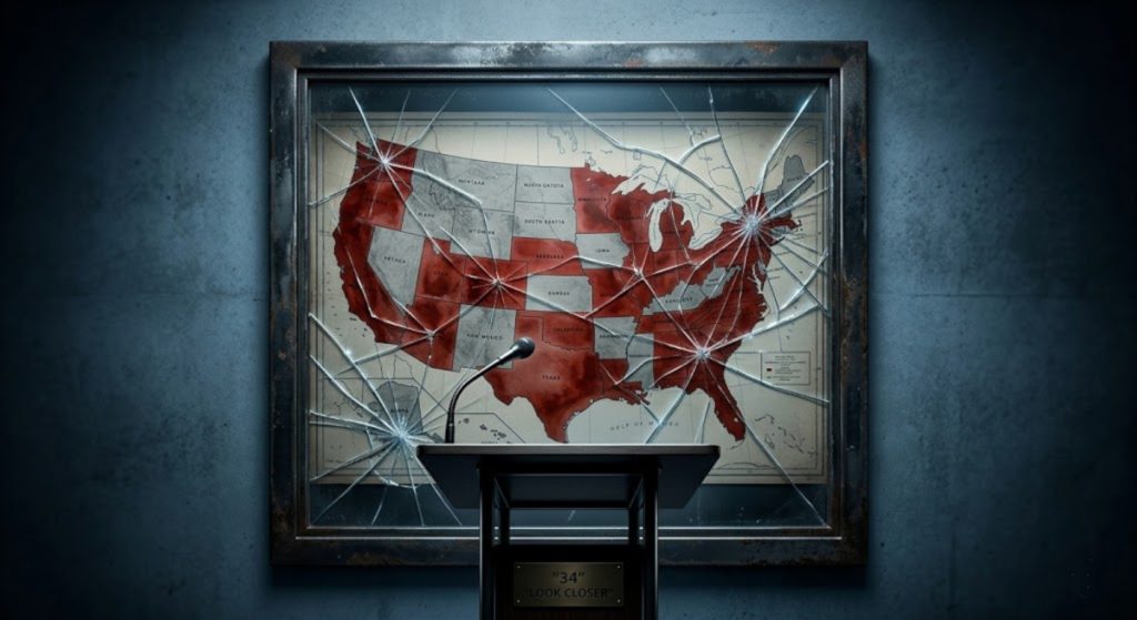 A cracked mirror showing the 34 U.S. states with child marriage loopholes.