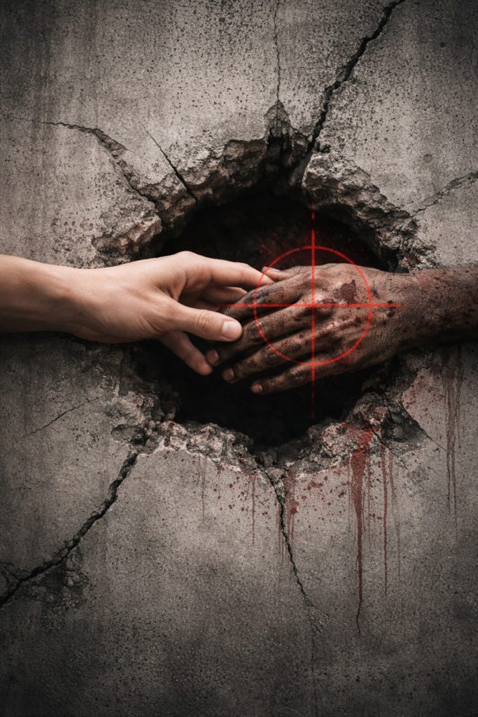Two hands reaching through a bullet hole in a concrete wall, one marked by a red sniper crosshair, symbolizing dehumanization and war.