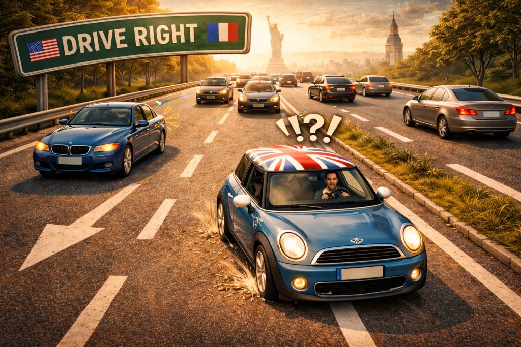 Driver uneasy driving on the right side of the road.