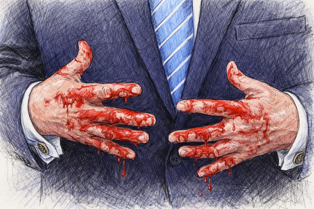 Editorial sketch illustrating the concept of command responsibility and the moral cost of conflict.