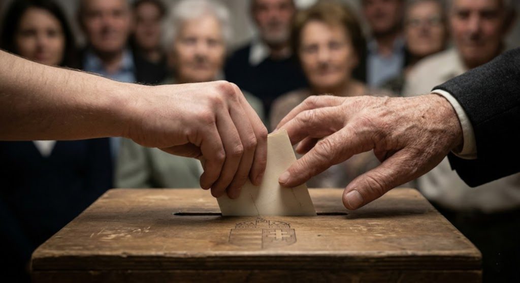 A close-up of a young person's hand and an older person's hand both reaching toward a ballot box, symbolizing a generational shift and the 78% record turnout in the 2026 Hungarian election.