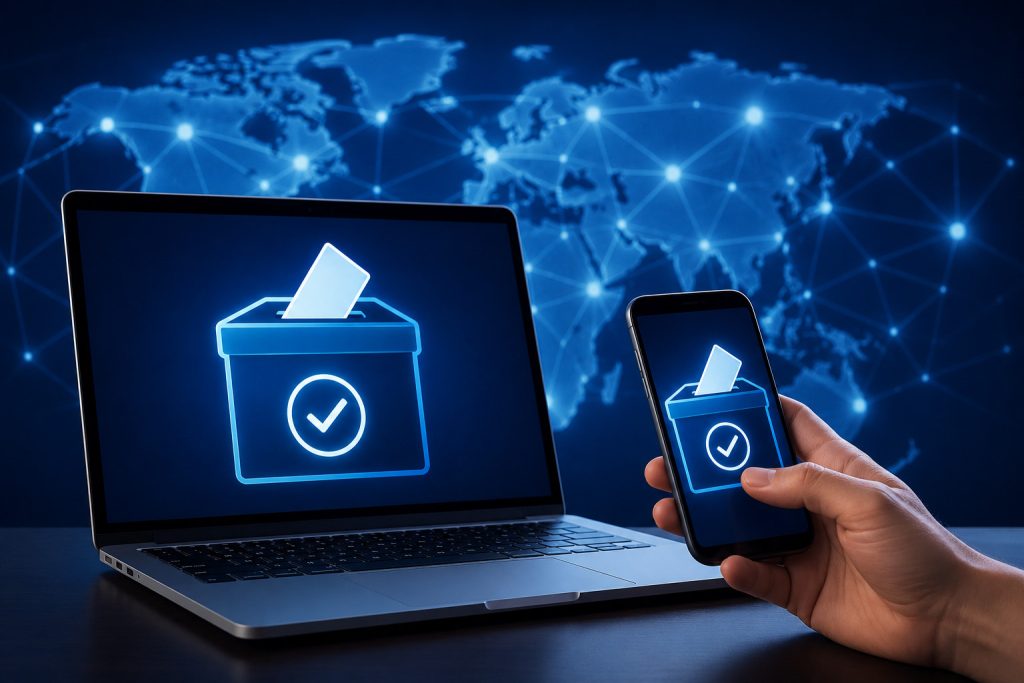 Digital ballot interface on a laptop and mobile phone with a glowing world map background.