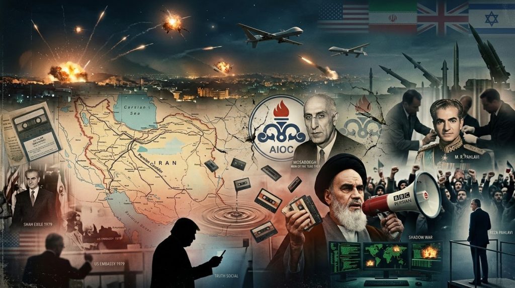 A conceptual collage illustrating the history of Iranian geopolitics, featuring figures like Mohammad Mosaddegh, the Shah, and Ayatollah Khomeini, alongside symbols of foreign intervention, oil, and modern conflict.