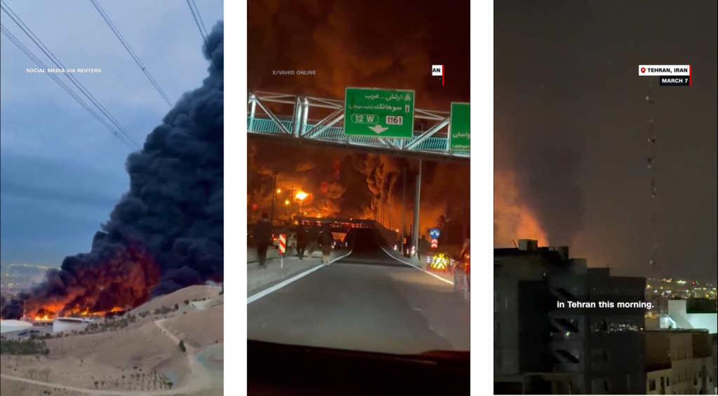Tehran: massive fires and thick black smoke plumes over the city after oil strikes