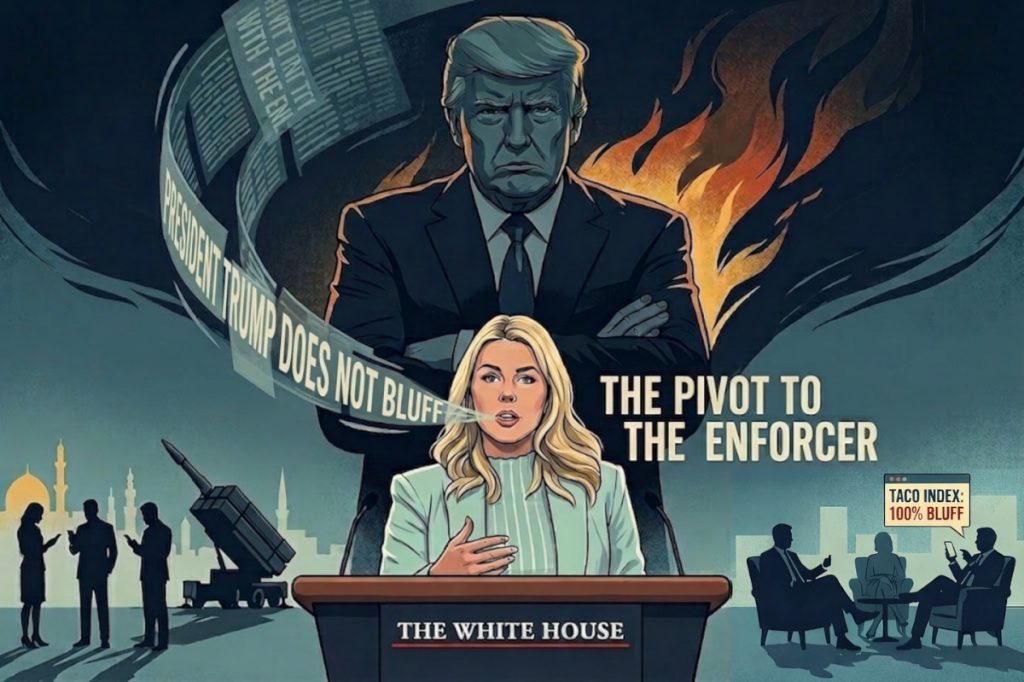 Karoline Leavitt at White House podium. President Trump figure behind her. Text streaming from her mouth reads: PRESIDENT TRUMP DOES NOT BLUFF. Beside her is the text: THE PIVOT TO THE ENFORCER.