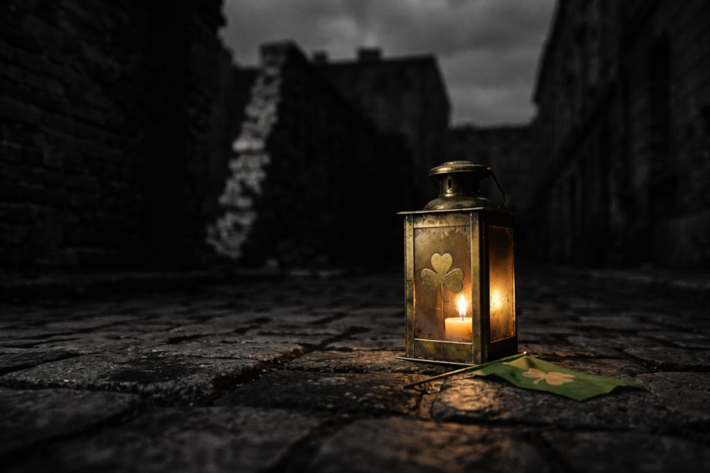 A lantern glows on Warsaw Ghetto cobblestones next to a green clover flag, symbolizing the legacy of Janusz Korczak and Stefania Wilczyńska’s Dom Sierot orphanage.