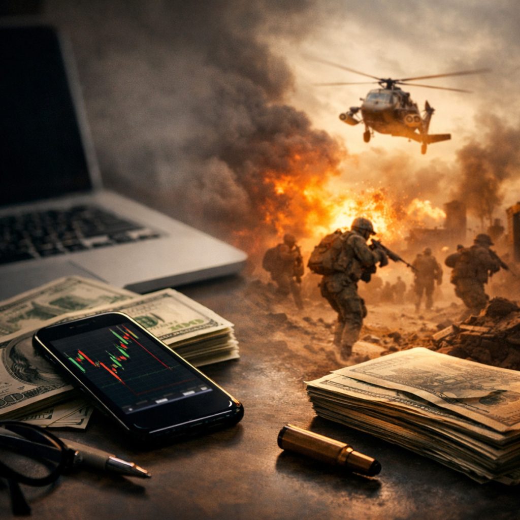 Smartphone with stock market chart on cash beside a battlefield with soldiers and explosions, symbolizing the link between financial trading and war