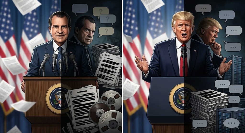 A split digital illustration of Richard Nixon and Donald Trump showing their public personas at a podium versus their private personas with tape reels and redacted documents, symbolizing the paradox of political power plays.