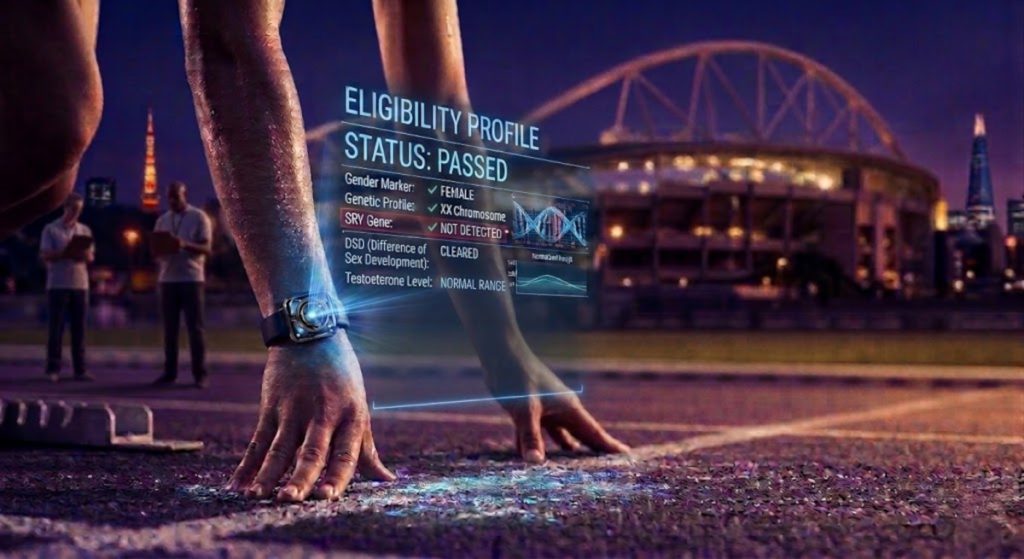 Athlete in starting blocks with a watch projecting a holographic eligibility profile showing a passed DNA check.