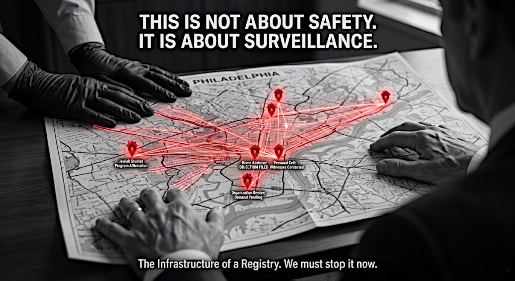 Close-up of a Philadelphia map with pins, government surveillance