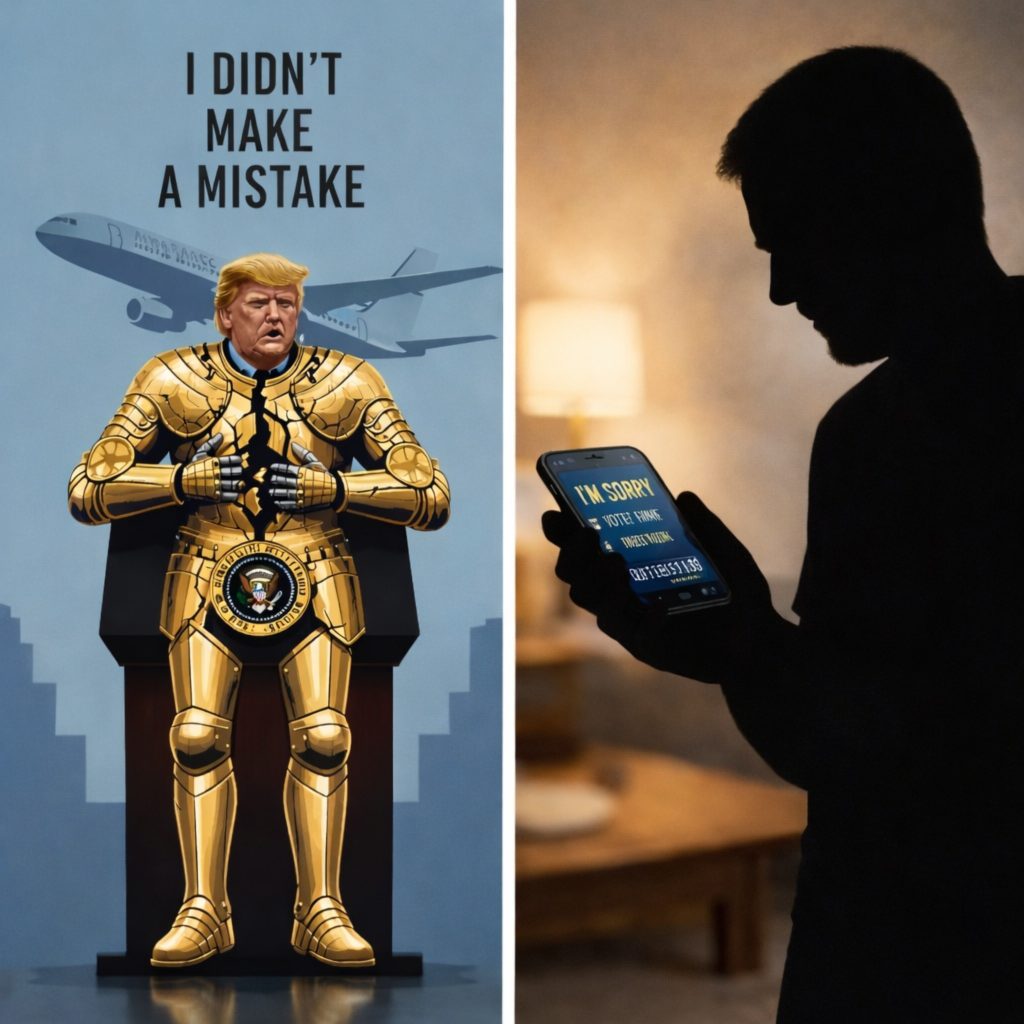 President Donald Trump with cracked armor of admitting no mistake, vs CSPAN caller saying sorry for voting for Trump