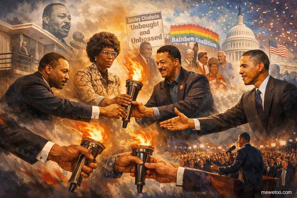 Collage of Martin Luther King Jr., Shirley Chisholm, Jesse Jackson, and Barack Obama symbolically passing a torch across generations, representing the progression of civil rights leadership and political change.
