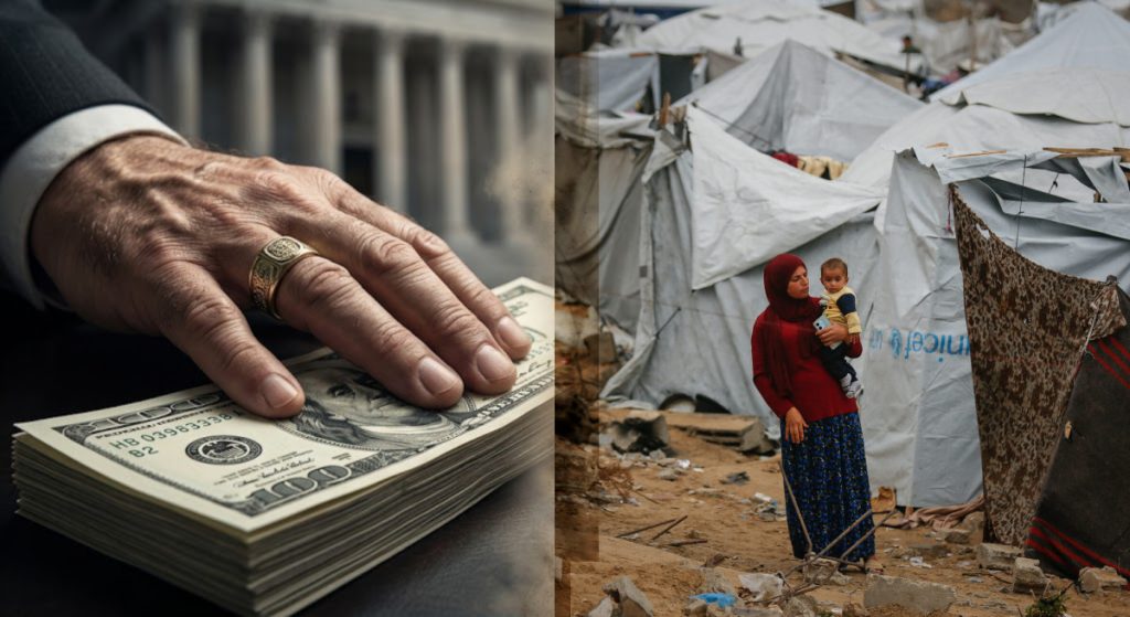 Composite image contrasting lobbying influence on the left with a mother and child in a Gaza tent camp on the right.