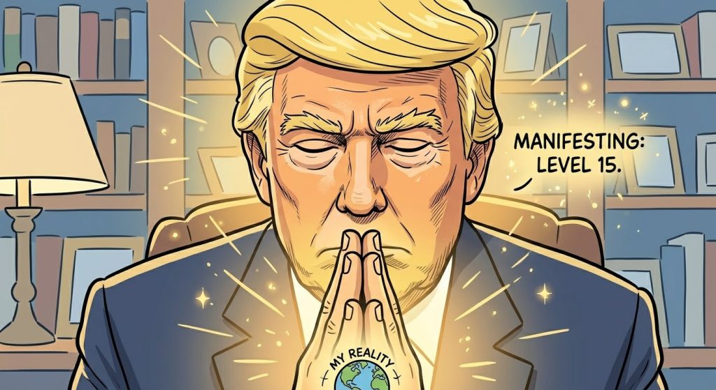 Cartoon close-up of President Trump with eyes closed in focused meditation. A golden glow surrounds him with the text 'Manifesting: Level 15' and a 'My Reality' globe icon between his hands.