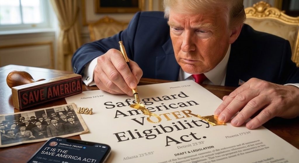 Donald Trump applying gold leaf over a 'Safeguard American Voter Eligibility Act' document to brand it the 'SAVE AMERICA' Act.