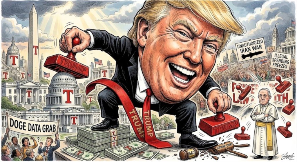 Caricature of Donald Trump stamping government buildings and money, featuring a calm, arms-folded Pope ignoring the chaos and flying stamps.