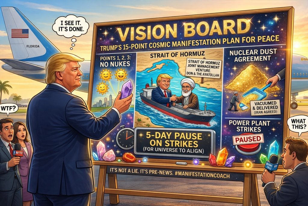 Satirical cartoon of President Trump standing before a large Vision Board on a tarmac. The board lists a 15-point peace plan with Iran, including 'Nuclear Dust' and 'Strait of Hormuz Joint Venture.'