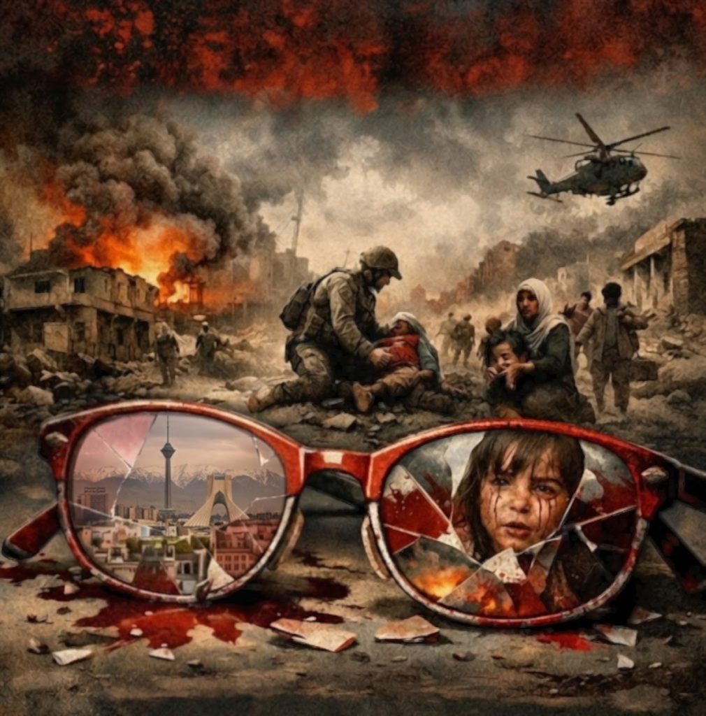 Shattered rose-colored glasses on a bloody street. Left lens reflects Tehran’s Azadi and Milad towers; right lens reflects a crying child amidst war and rubble.