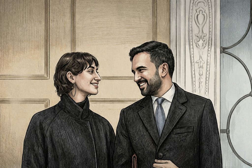Drawing of Mayor Zohran Mamdani and his wife, Rama Duwaji, smiling and looking at one another in front of New York City Hall